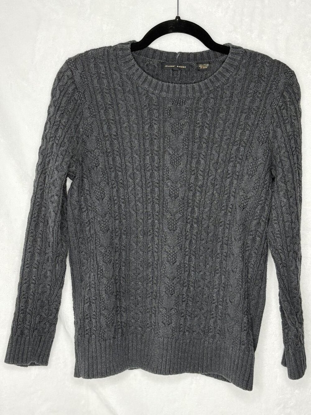 Jeanne Pierre Grey Cotton Cable-Knit Ribbed Scoop Neck Pullover Sweater M